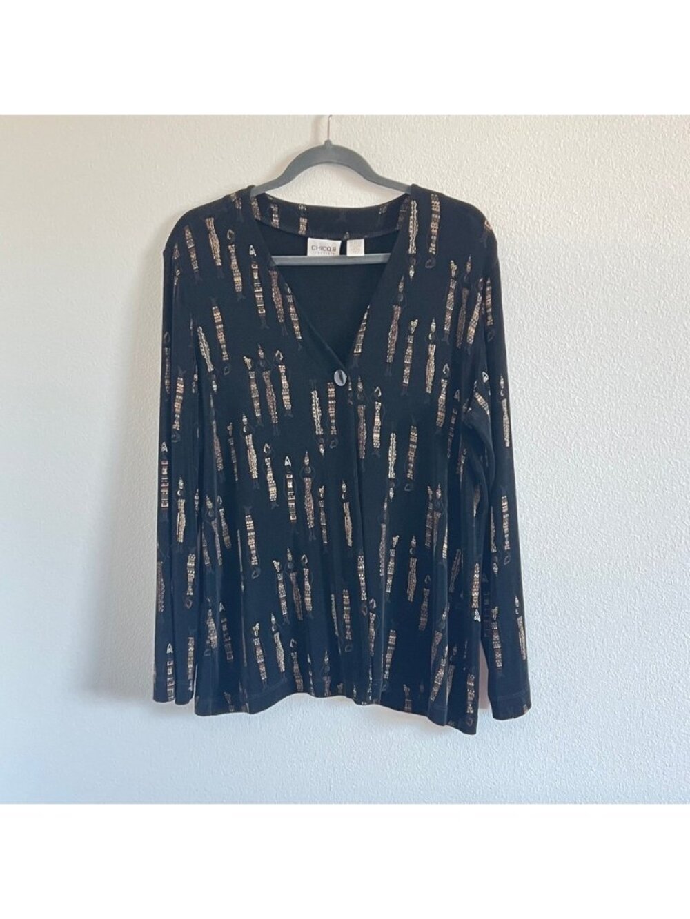 Chico's Travelers Black Tribal Print V-Neck Cardigan Size 3/XL Ethnic Indie Folk